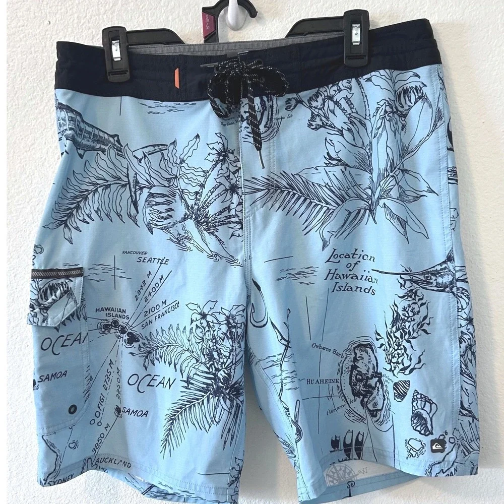 Quiksilver Waterman Hawaiian Islands Map Board Shorts‎ Blue SZ 33